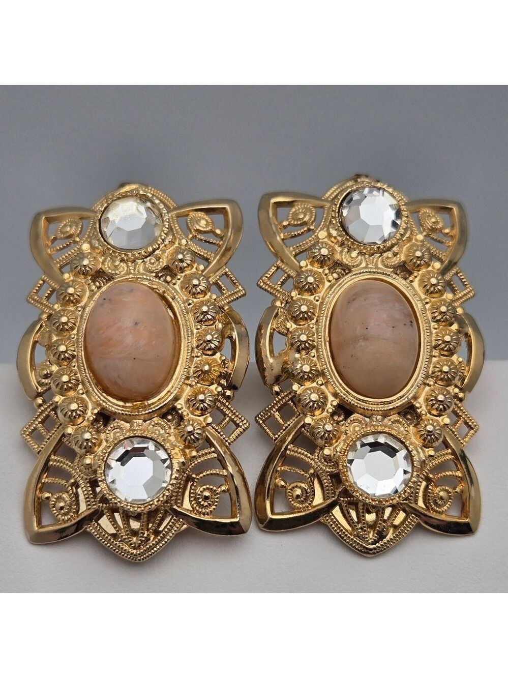 Vintage Gold-Tone Clip-On Earrings Faux Oval Pearls & Crystals - Picture 1 of 7